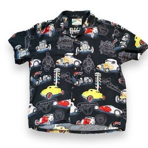 Vintage 90s Hawaiian Printed Rayon Shirt Black Drag‎ Racing Short Sleeve Boxy